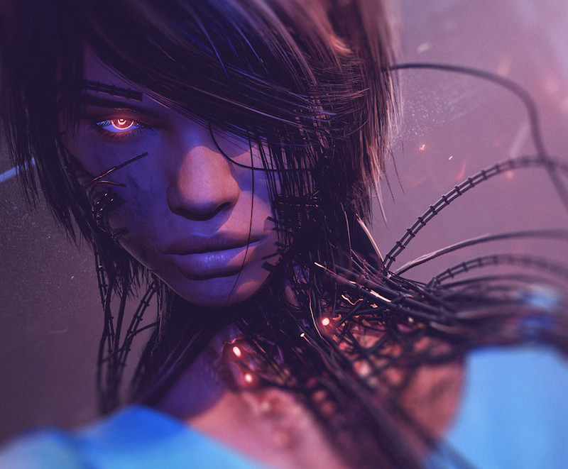 Artwork by Antoine Collignon, via ArtStation. Illustration of a wired cyborg.