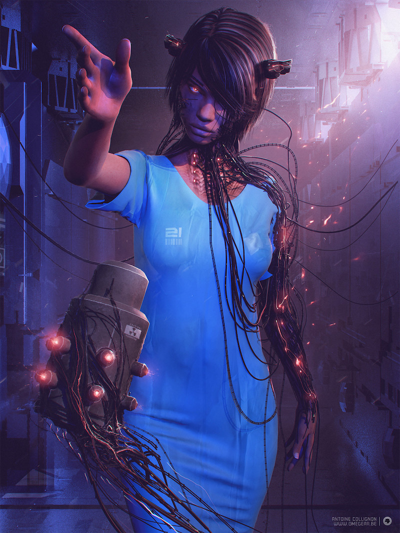Artwork by Antoine Collignon, via ArtStation. Illustration of a wired cyborg.